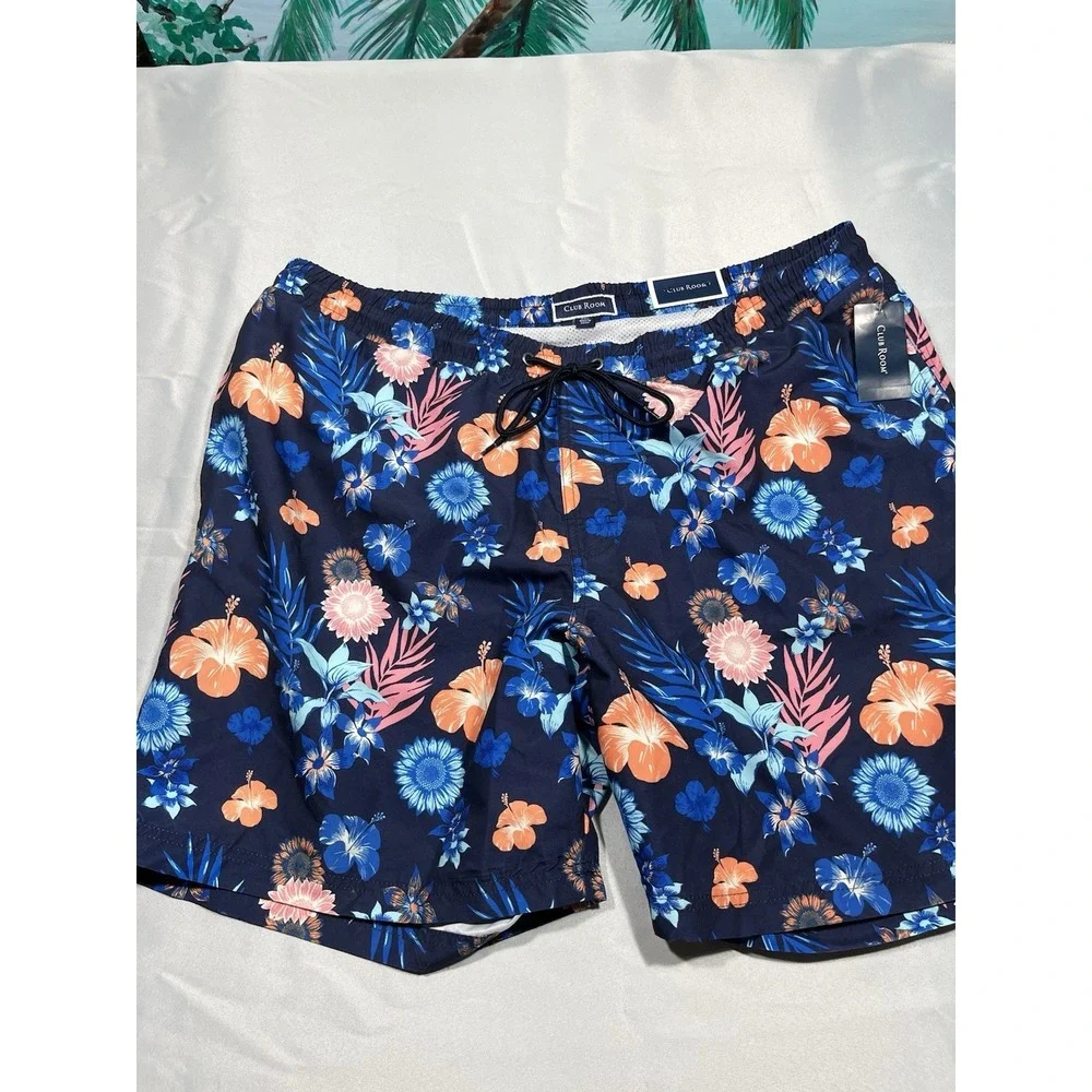 Clubroom Swimming Trunks, Quick Dry 7 Men's Blue With Flower Pattern Size XXL